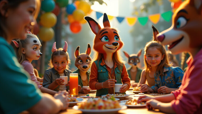 Decoração vibrante de festa Zootopia com balões e máscaras de animais.