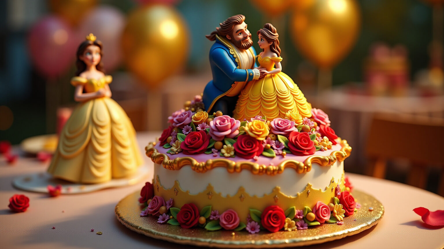 Bolo A Bela e a Fera decorado com rosas e detalhes dourados.
