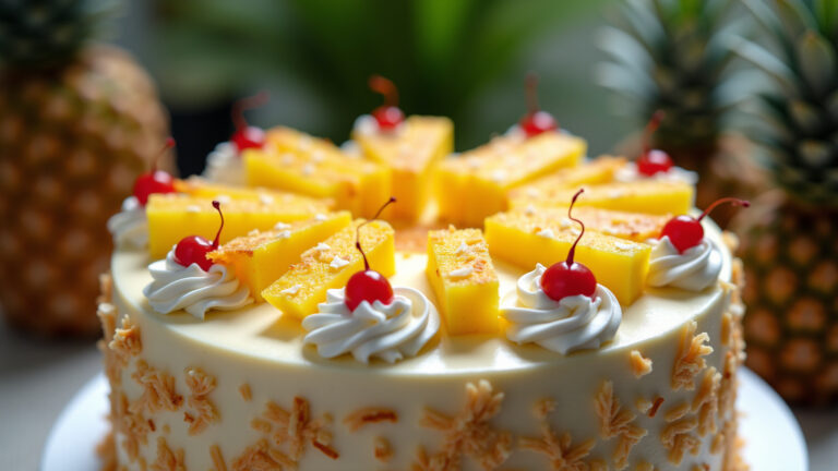 Bolo decorado com abacaxi, chantilly e coco ralado.