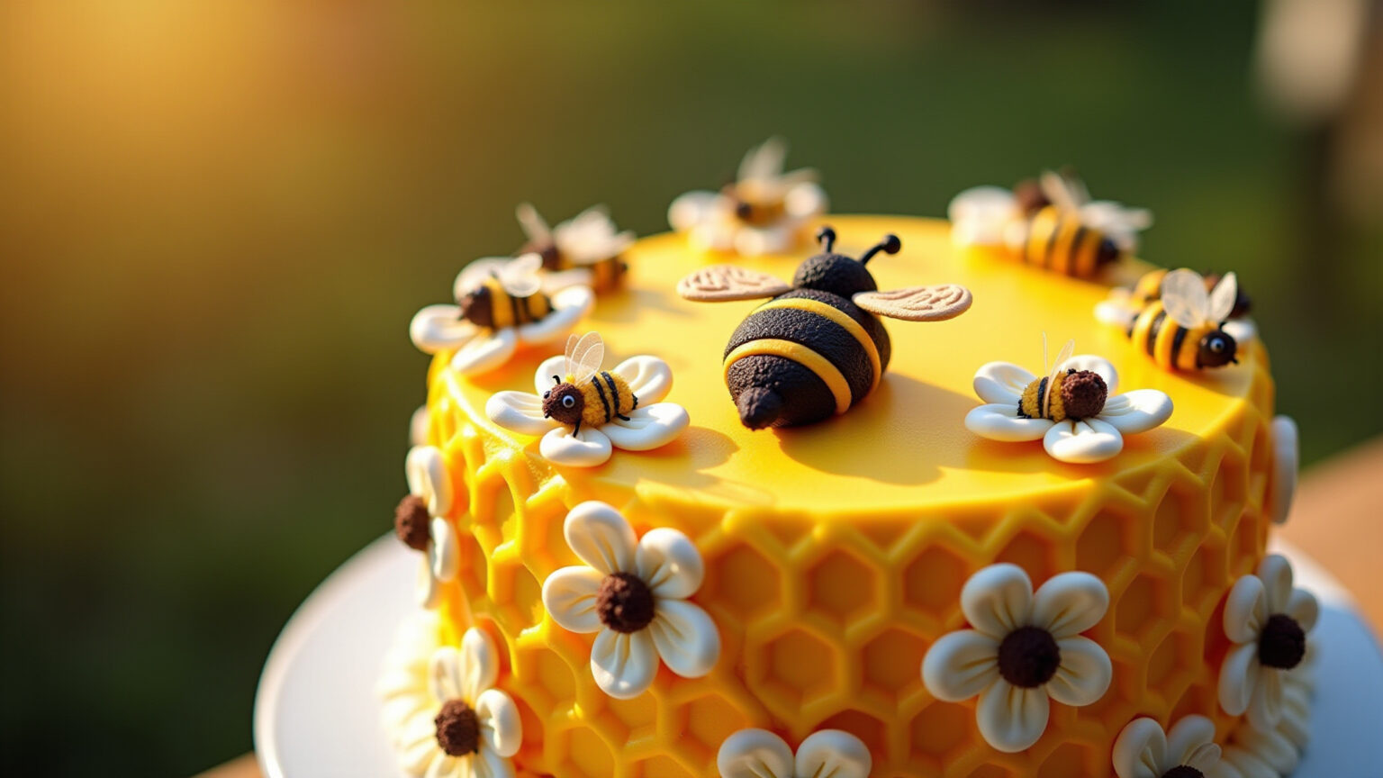 Bolo decorado com tema de abelha vibrante e detalhado.