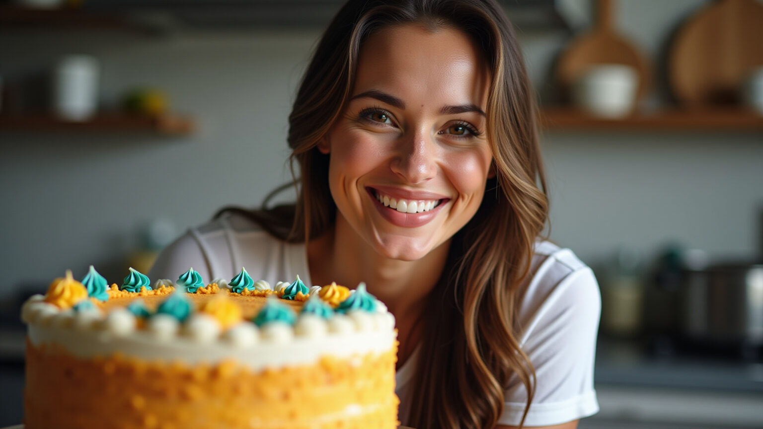 Bolo decorado com glacê vibrante em cozinha brasileira.