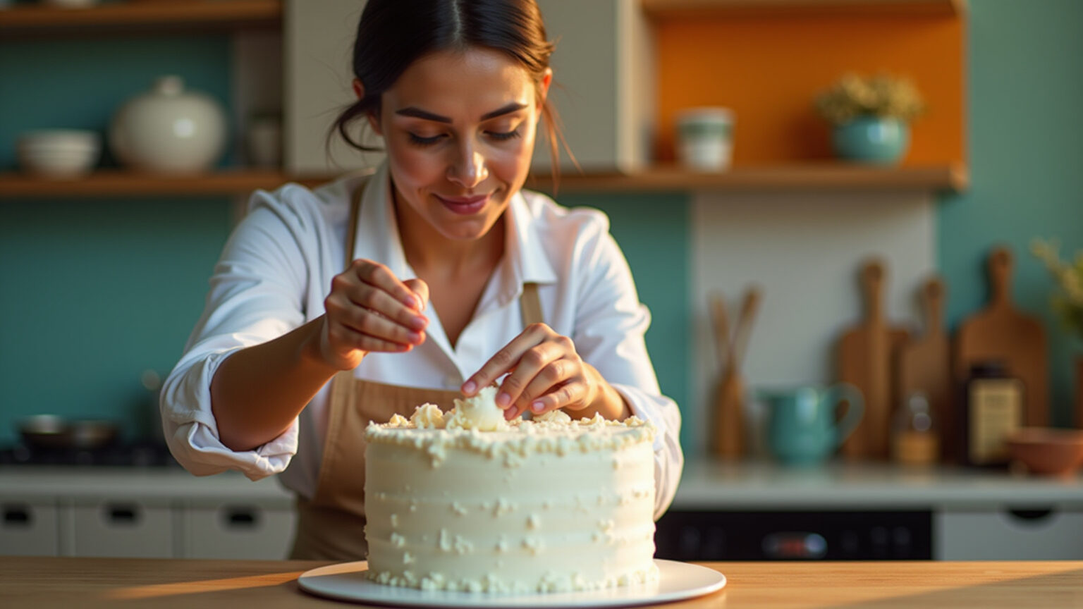 Bolo sendo decorado com pasta americana branca e lisa.