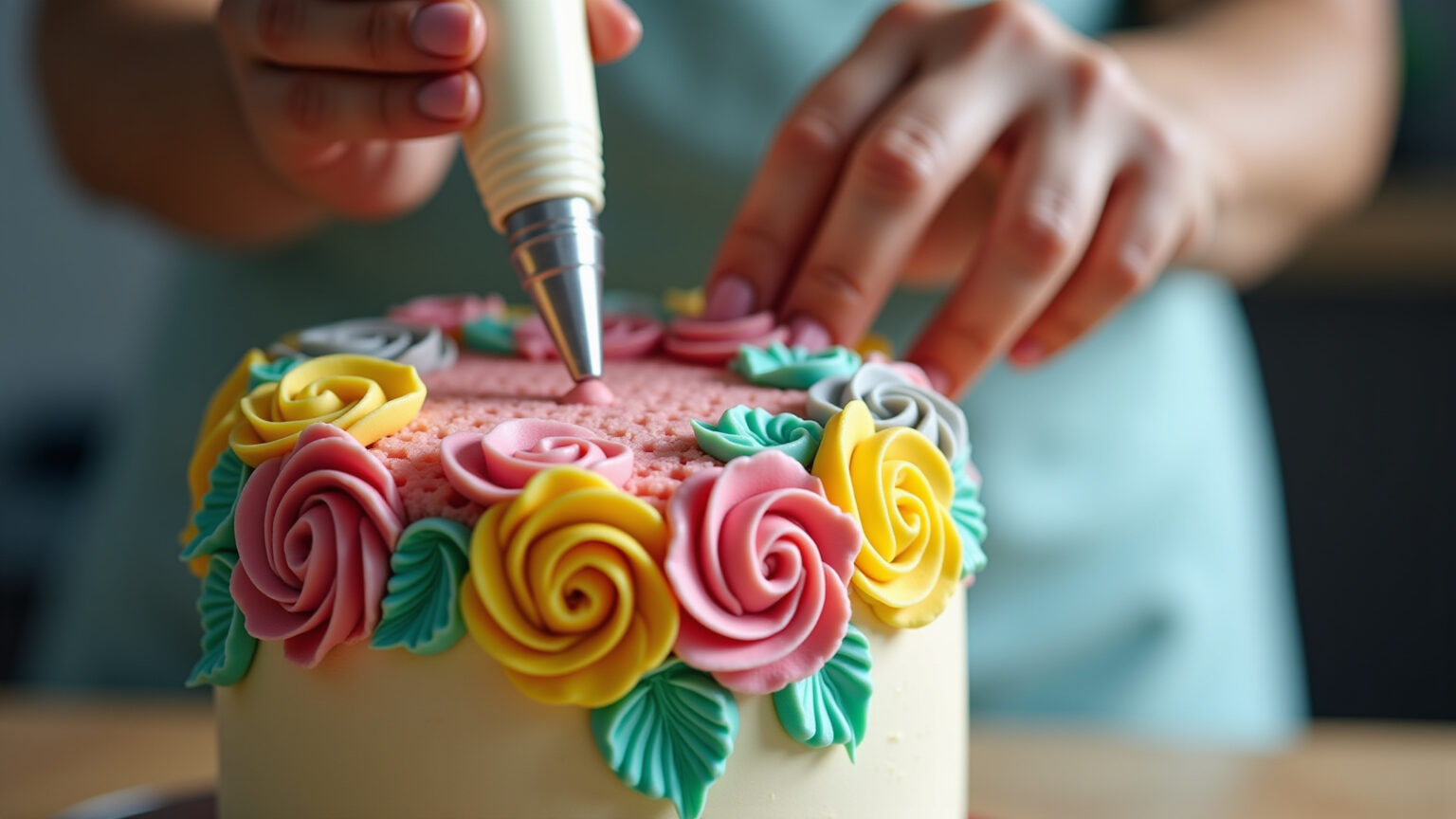 Confeiteira decorando bolo com bico de confeitar, detalhes vibrantes.