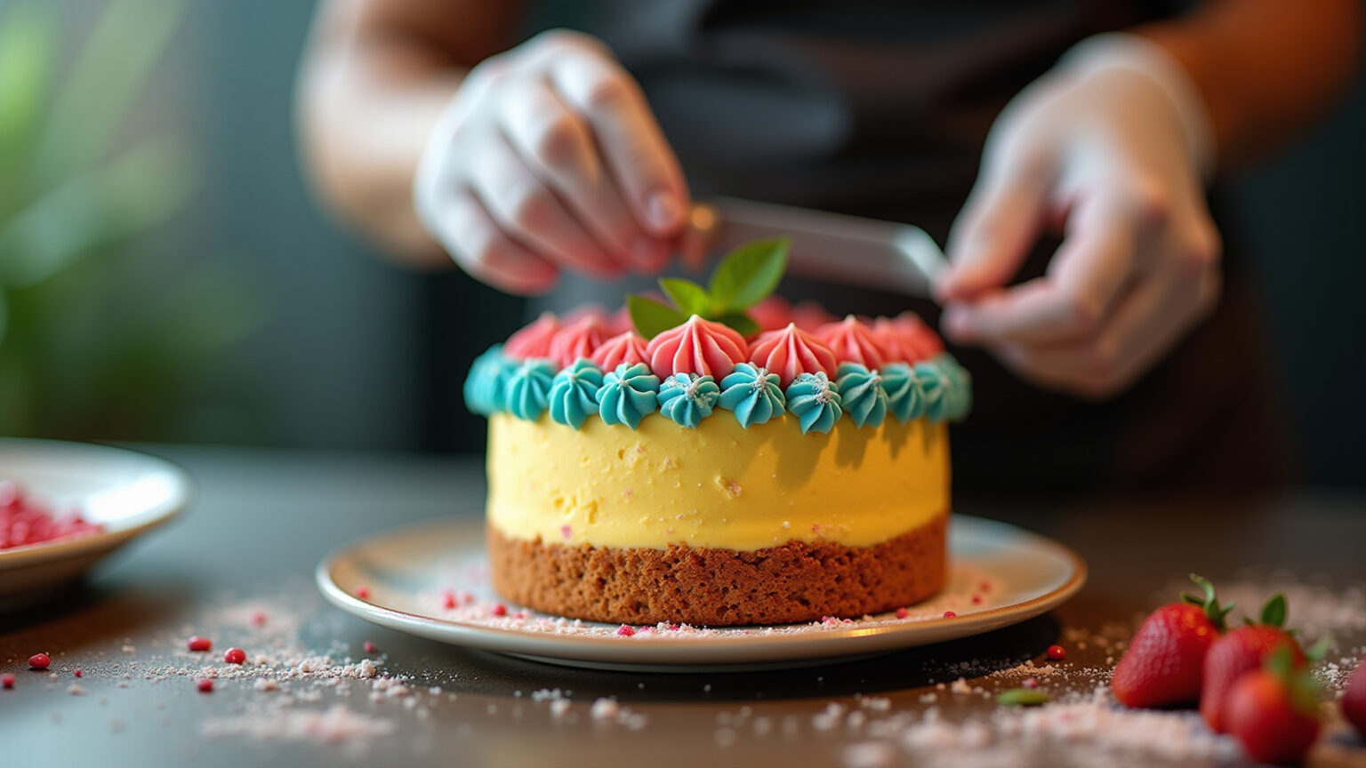 Bolo decorado com chantininho, cores vibrantes.