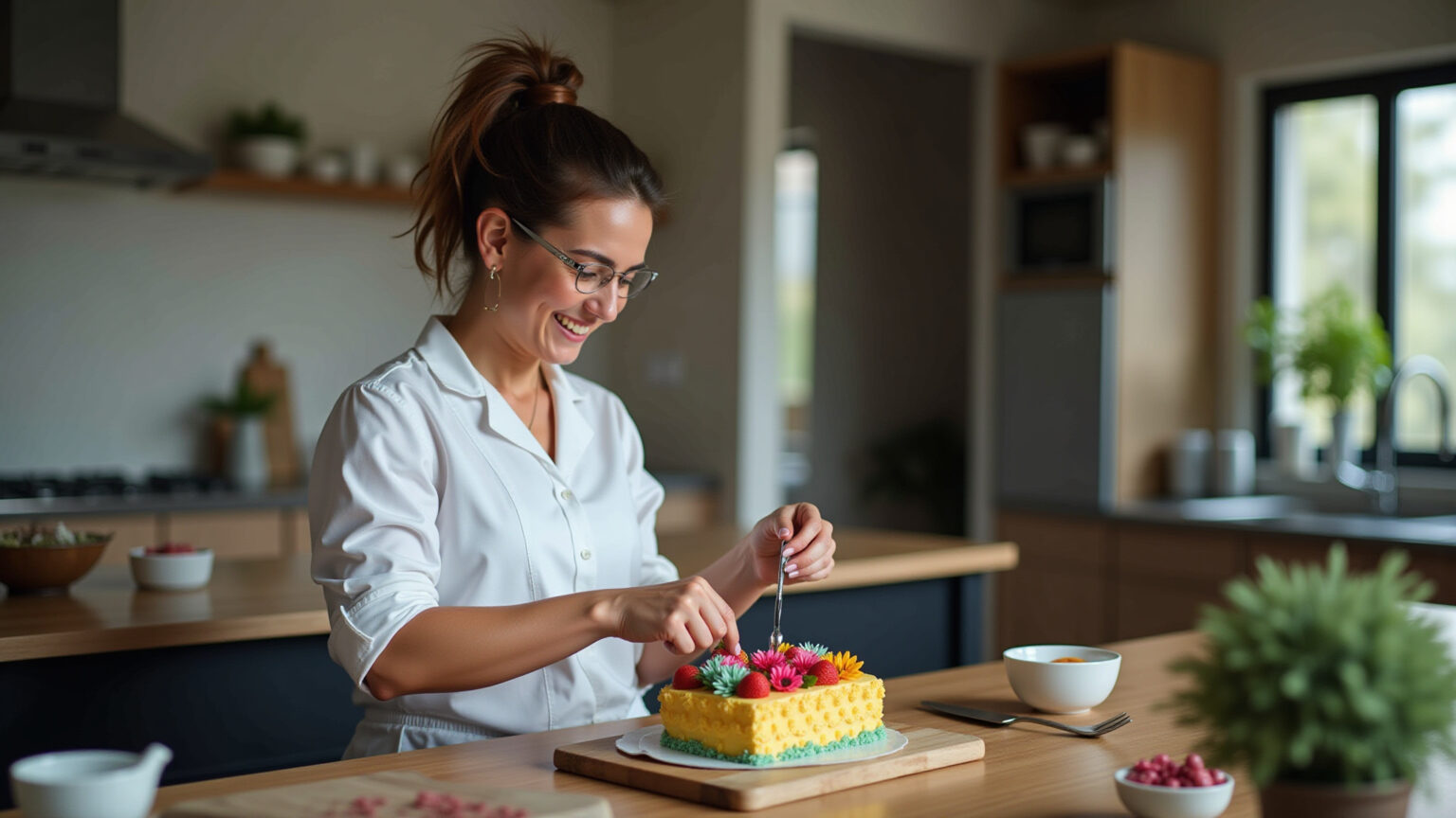 Confeiteira montando bolo decorado em cozinha moderna.