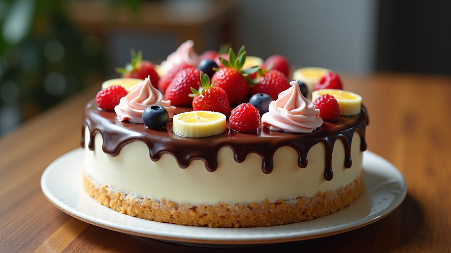 15 Tipos de Cobertura para Bolo Decorado: Um Guia Delicioso e Criativo Bolo decorado com diversas coberturas e frutas em mesa de madeira.