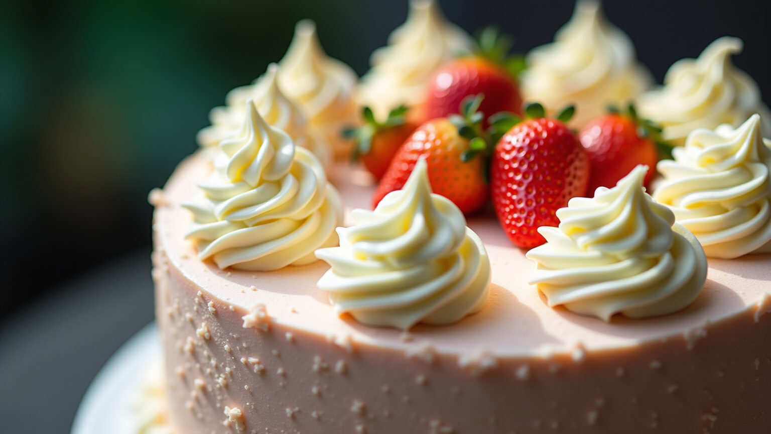 Bolo decorado com chantilly cremoso e detalhes vibrantes.