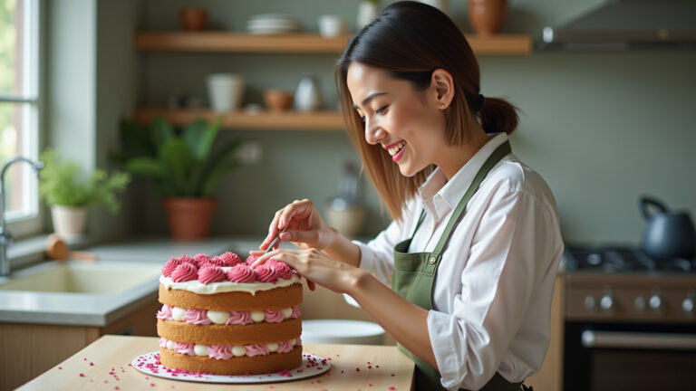 Bolo decorado caseiro em cozinha moderna, confeiteira sorrindo.