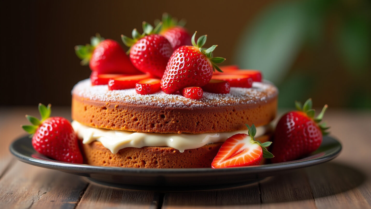 Bolo de morango cremoso e apetitoso.