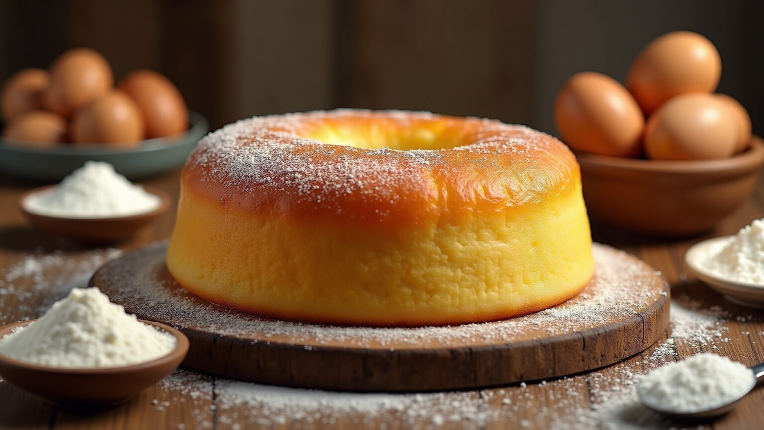 Bolo Pão de Ló fofinho em mesa de madeira com ingredientes.