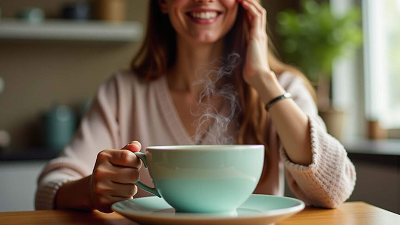 Xícara fumegante de chá de erva-doce com mulher sorrindo.