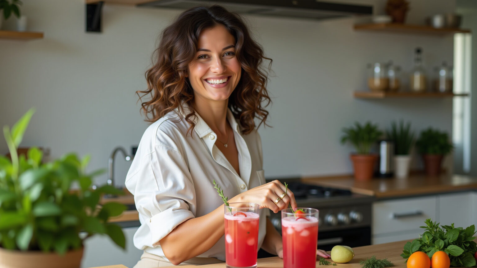 Mulher sorrindo prepara chá de cavalinha com hibisco.
