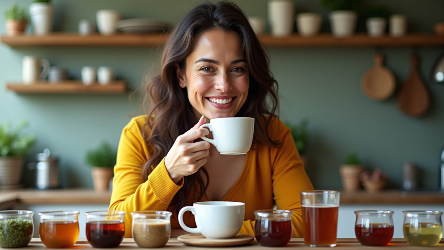 Seleção vibrante de chás para emagrecer com mulher sorrindo.