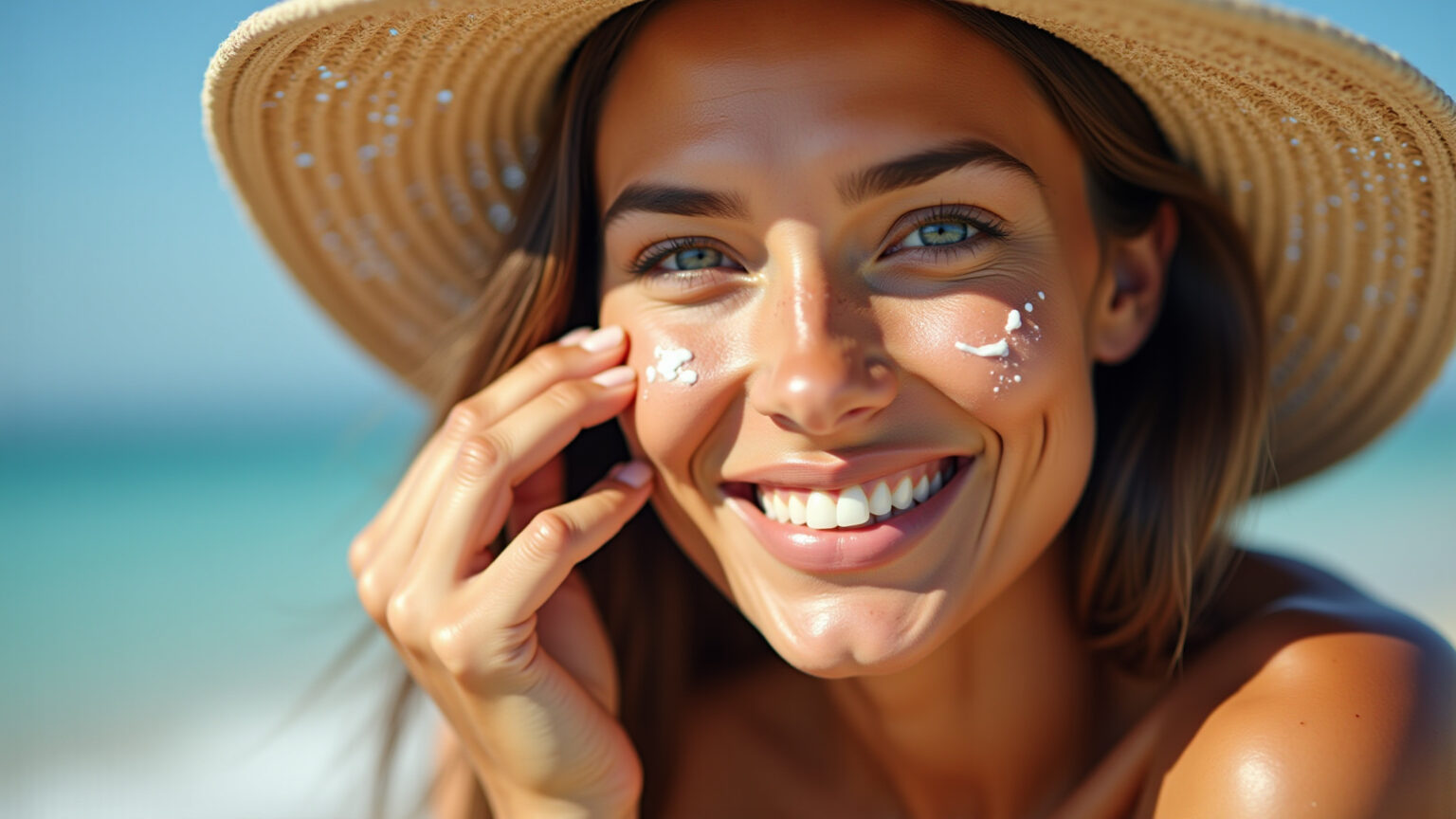 Mulher sorrindo aplicando protetor solar com cor na pele oleosa.