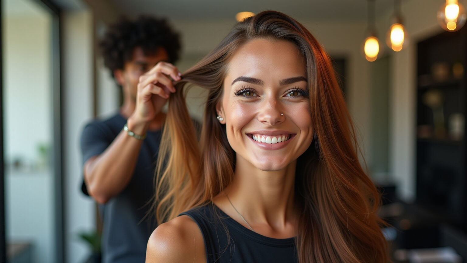 Mulher sorrindo fazendo progressiva sem formol em salão moderno.