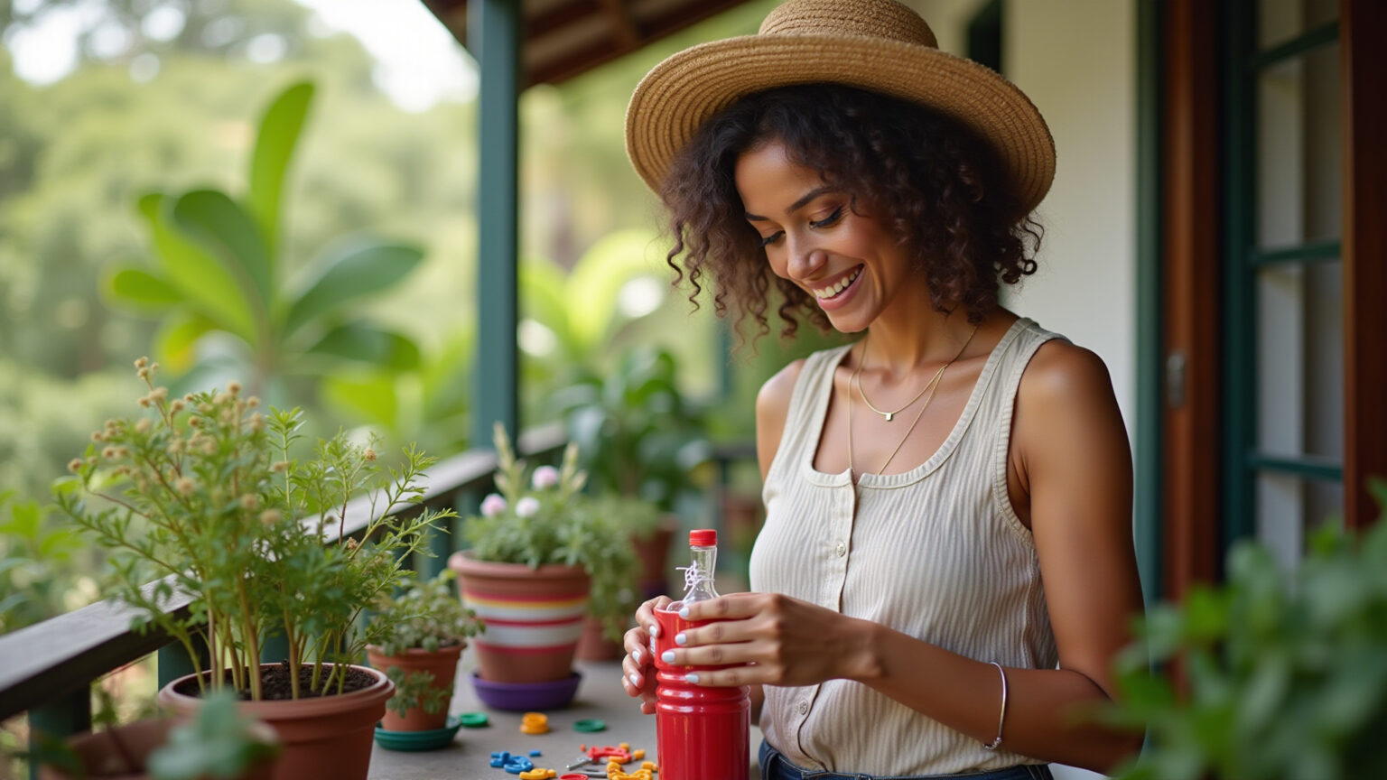 Mulher sorrindo faz vaso de planta com garrafa PET colorida.