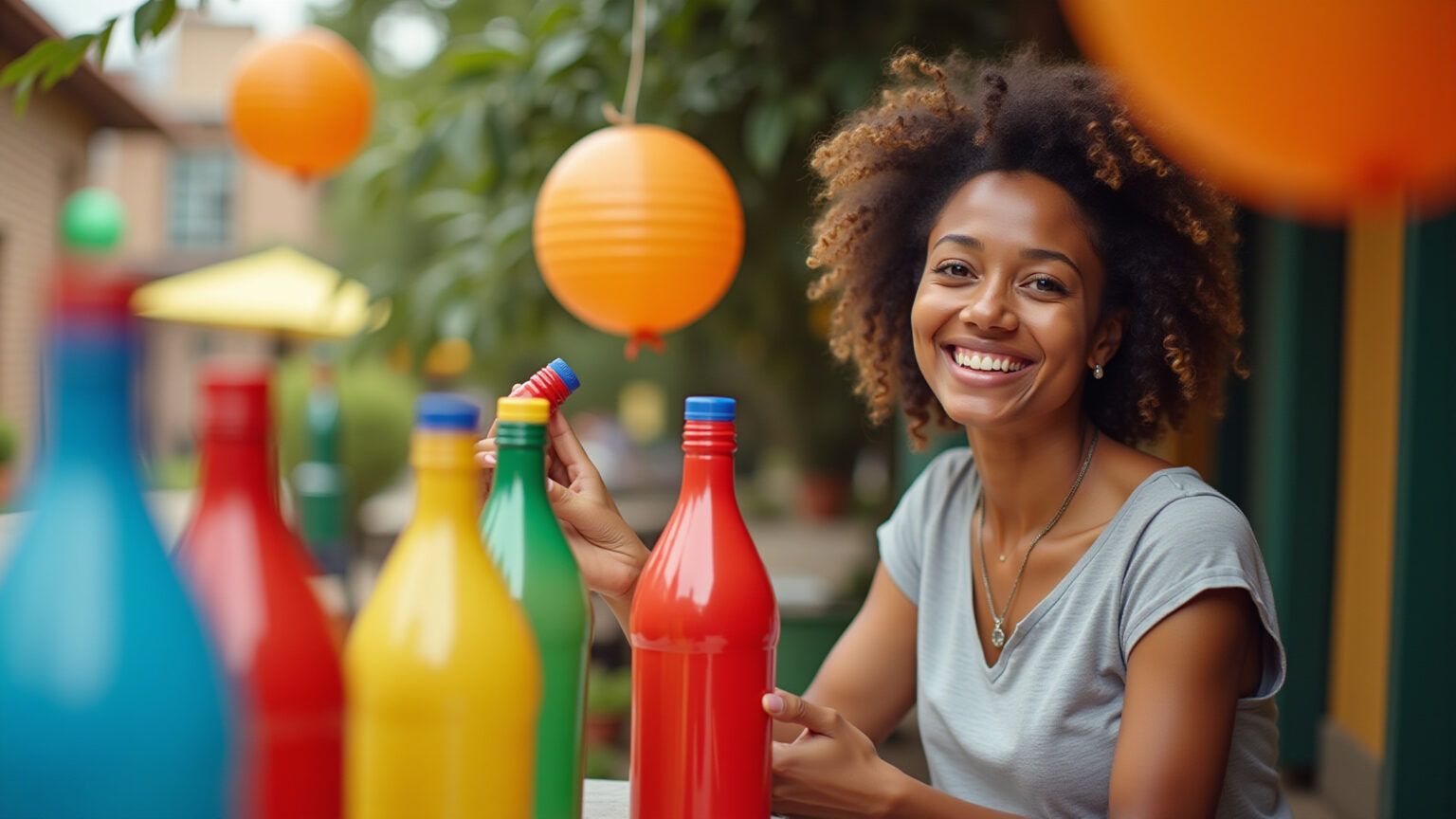 Decoração de festa infantil vibrante com artesanato de garrafa PET.