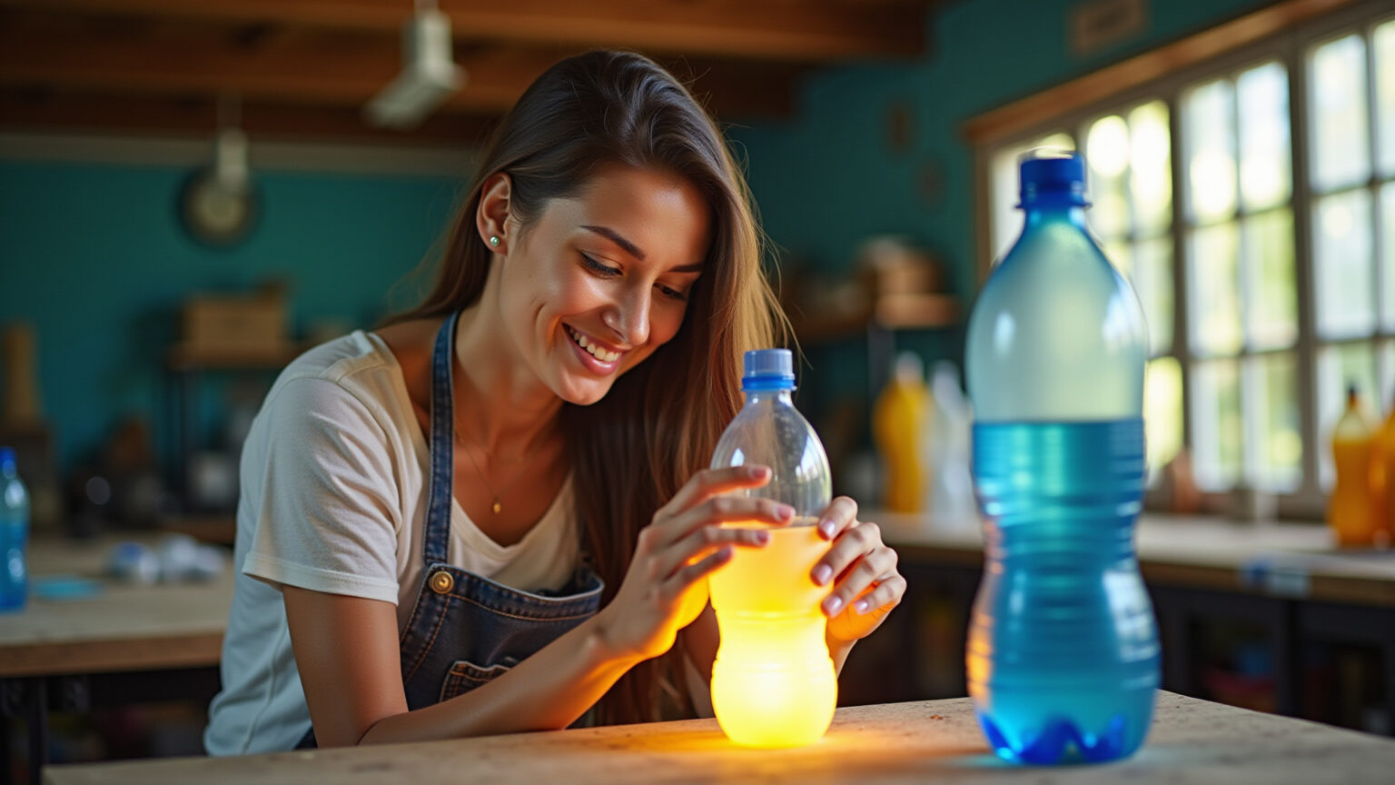 Mulher sorrindo cria luminária de garrafa PET reciclada em oficina ensolarada.