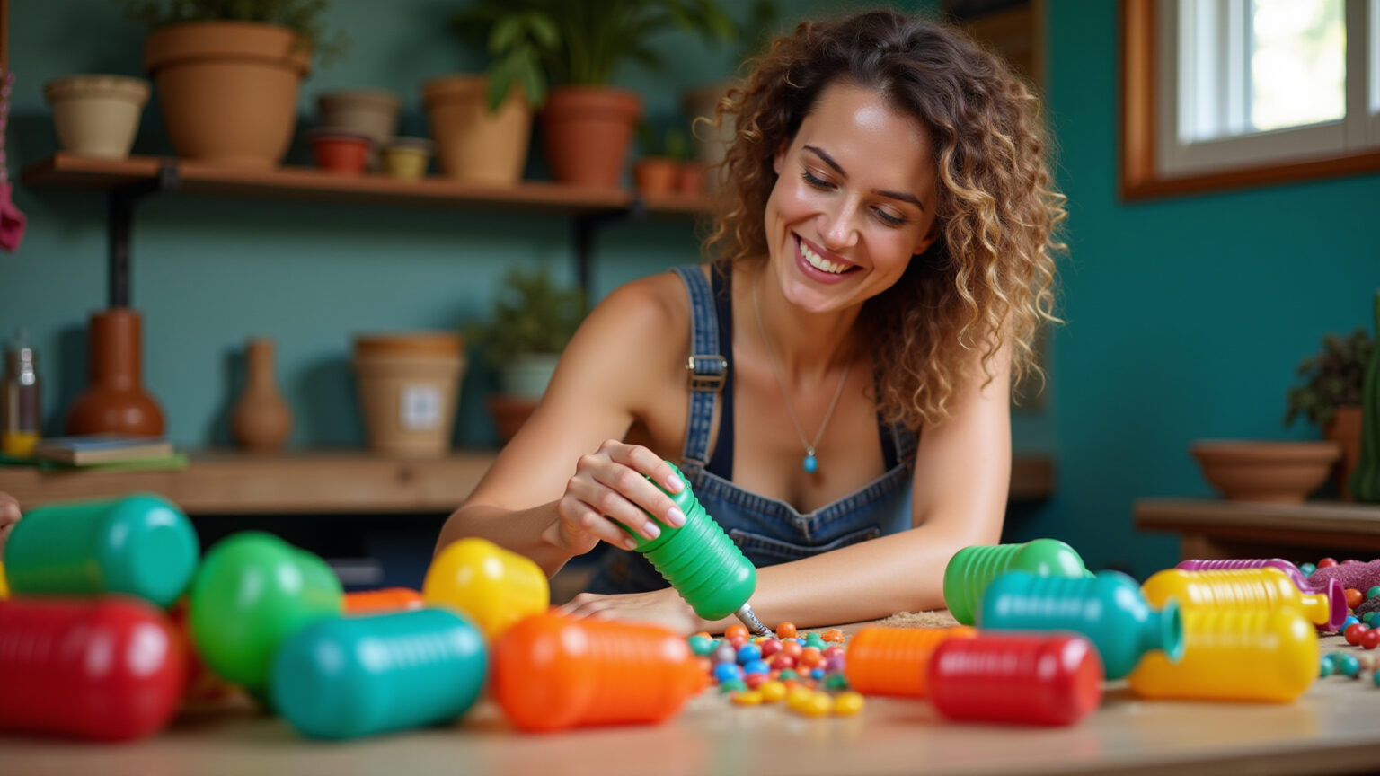 Mulher sorrindo cria brinquedos educativos coloridos com garrafas PET.