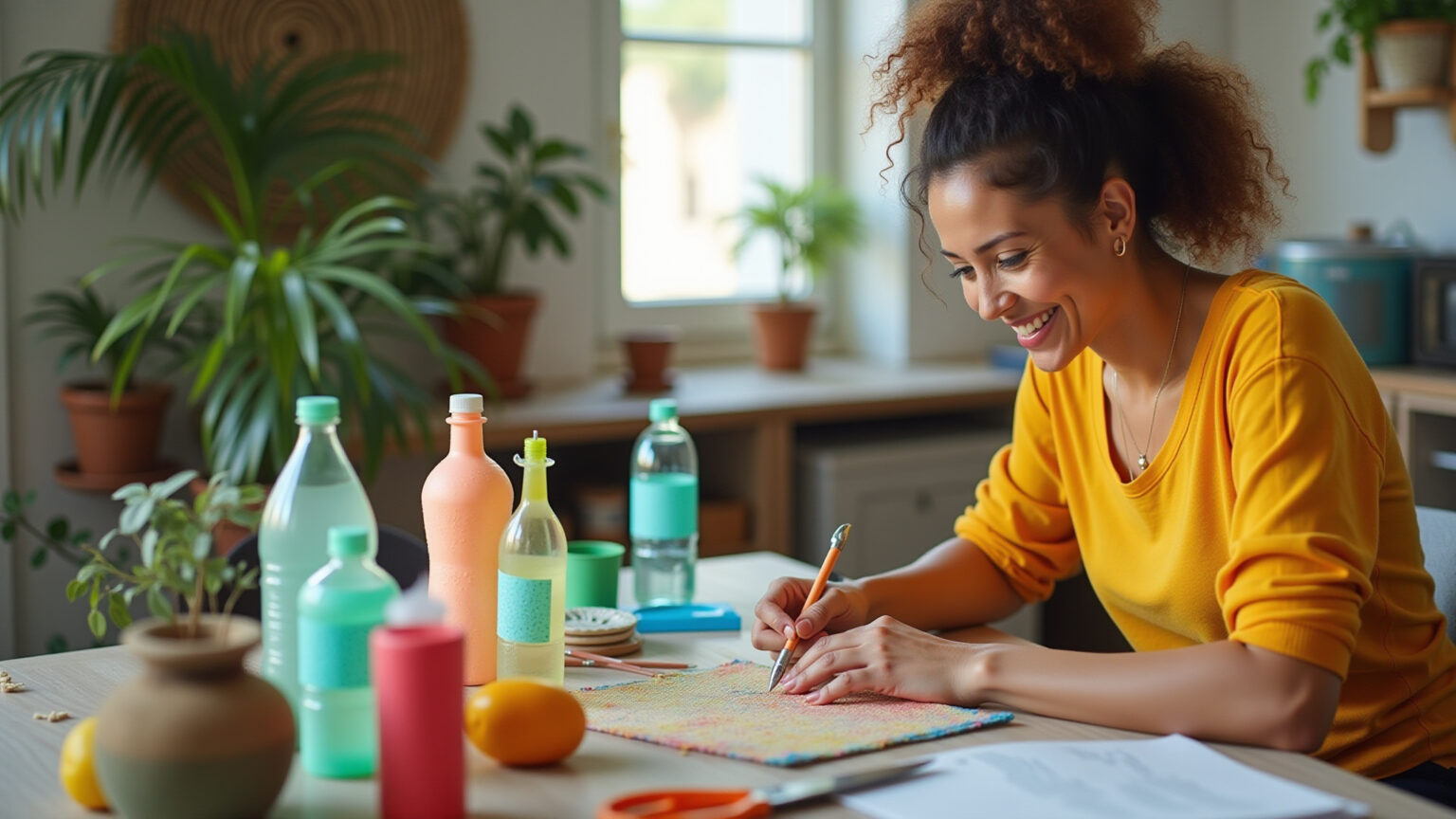 Artesanato com garrafa PET e EVA: mulher criando em casa.