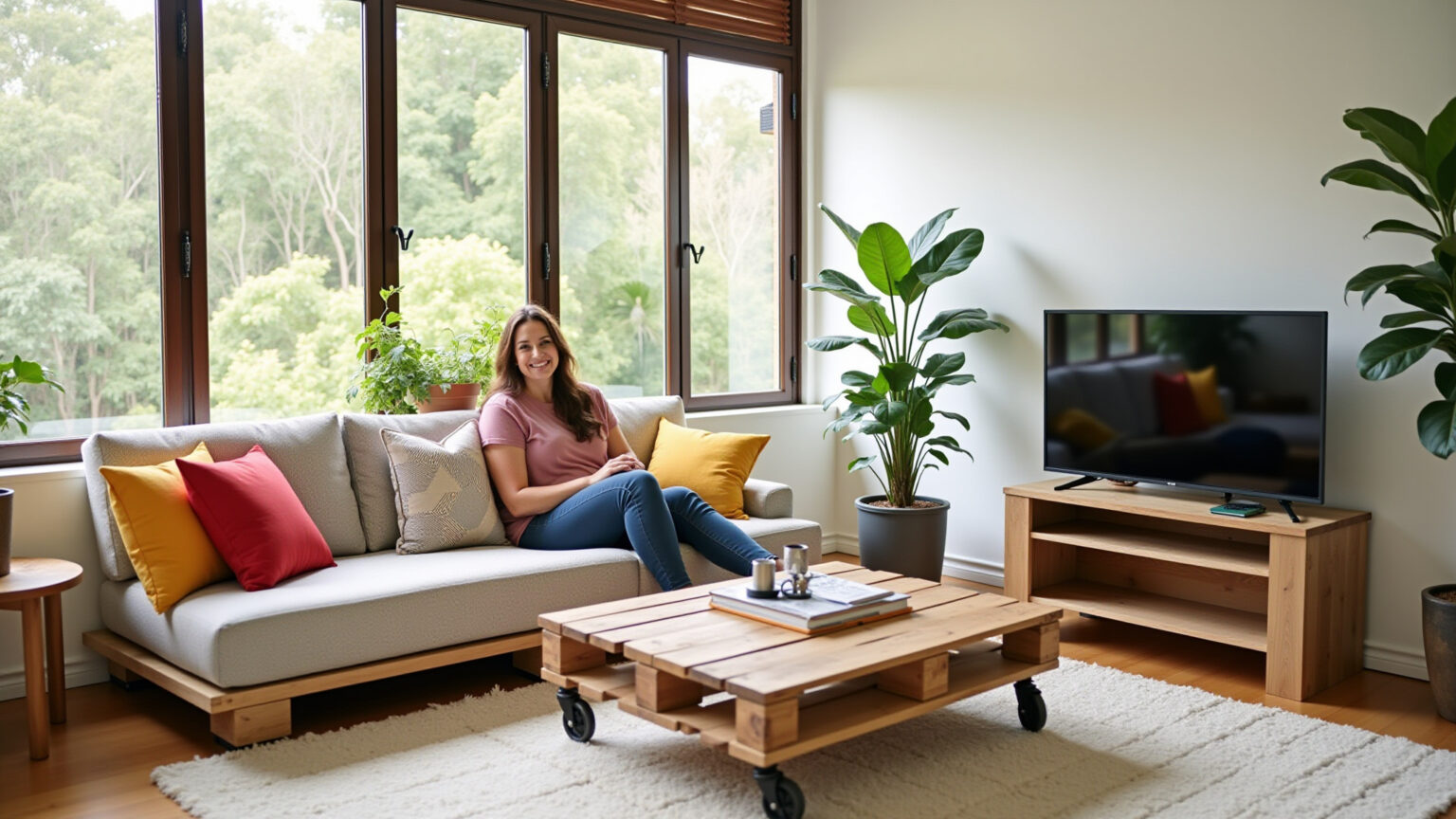 Sala de estar com móveis de paletes DIY, vibrante e aconchegante.