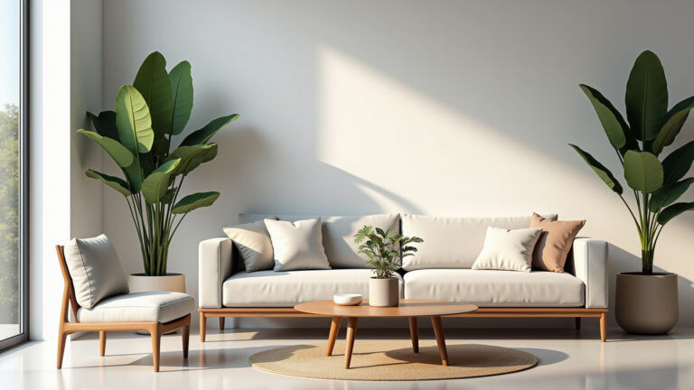 Sala de estar minimalista com design clean e iluminação natural.