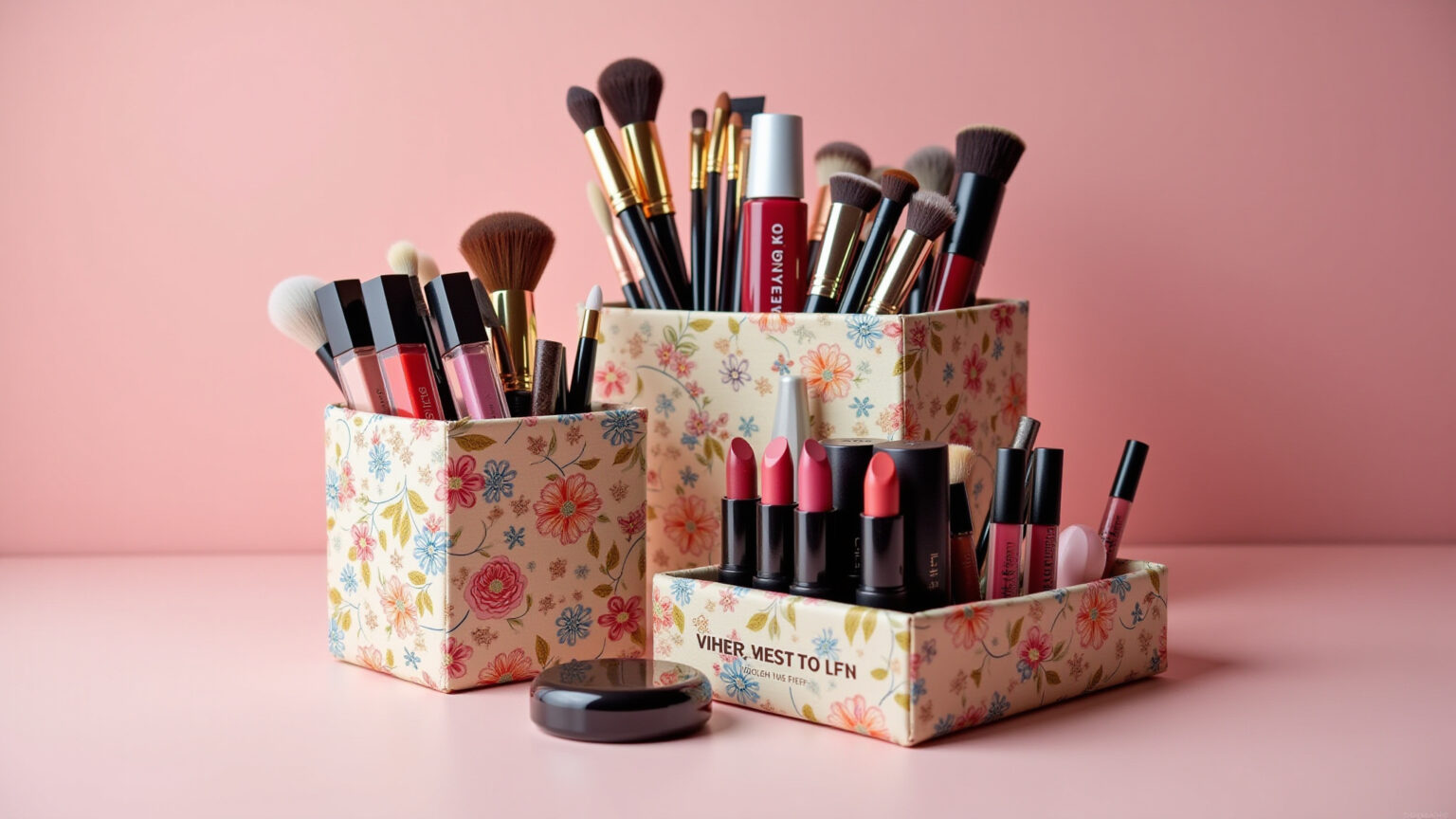 Organizador de maquiagem DIY feito com caixas de papelão recicladas.