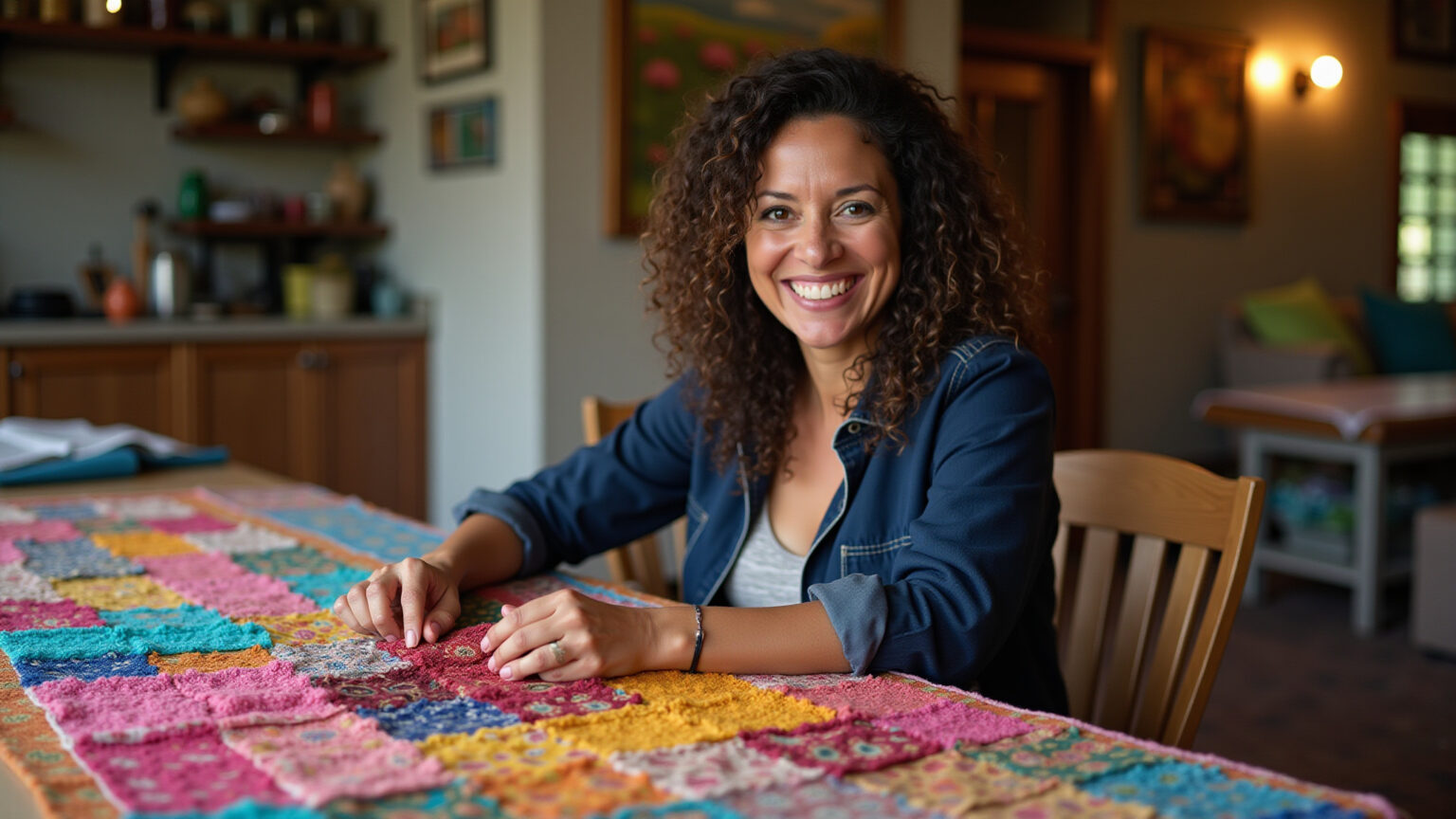 Mulher sorrindo faz tapete de retalhos colorido sem costura.