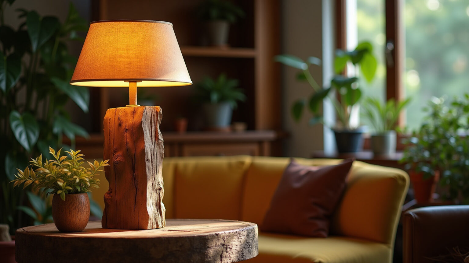 Luminária rústica de madeira de demolição em sala aconchegante.