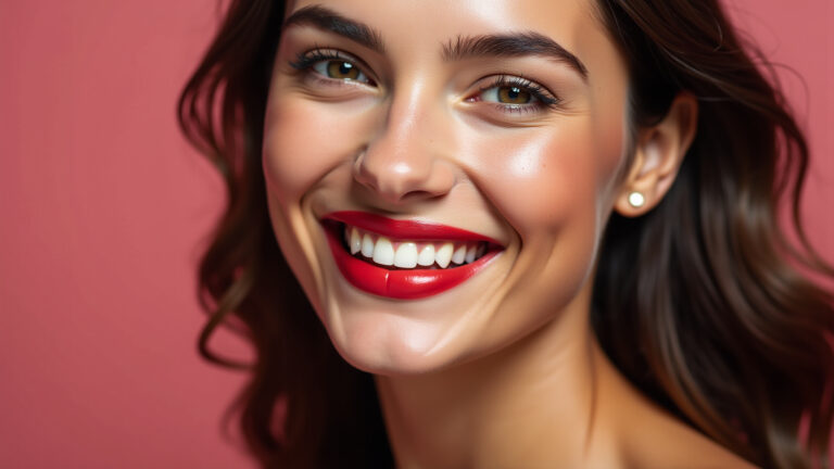 Mulher brasileira sorrindo aplicando batom vermelho Nyx Monte Carlo.