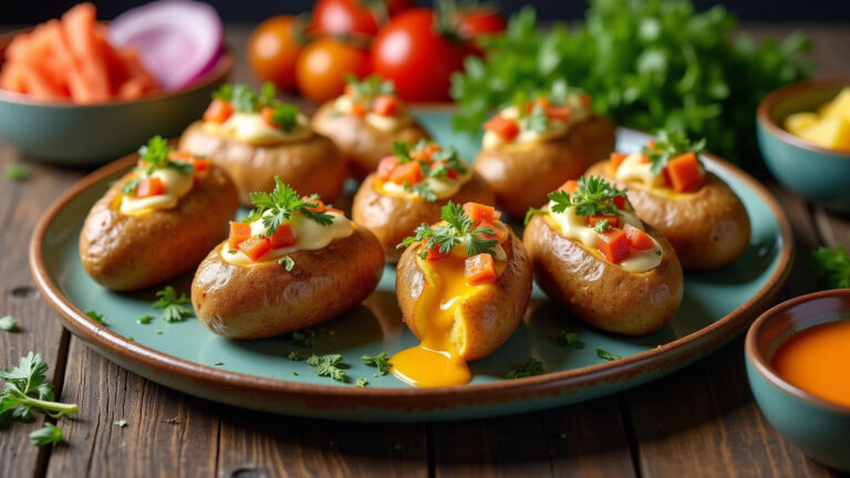 Batatas recheadas com queijo derretido e ervas frescas em mesa rústica.