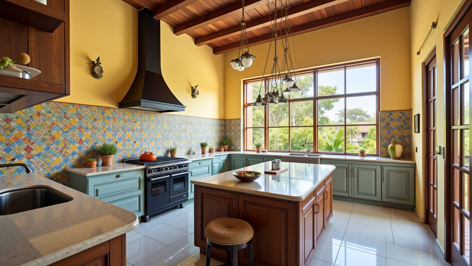 Cozinha brasileira vibrante e acolhedora com azulejos coloridos.