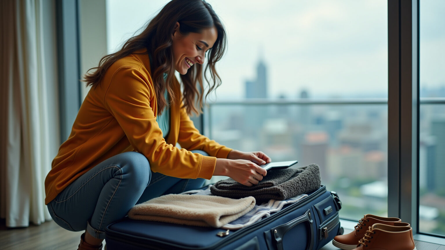 O Que Levar na Mala Para o Canadá: Seu Guia Completo de Brasileira! Brasileira sorrindo arrumando mala para o Canadá.