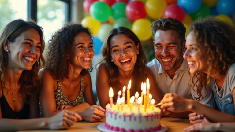 Celebração de aniversário vibrante com amigos diversos.