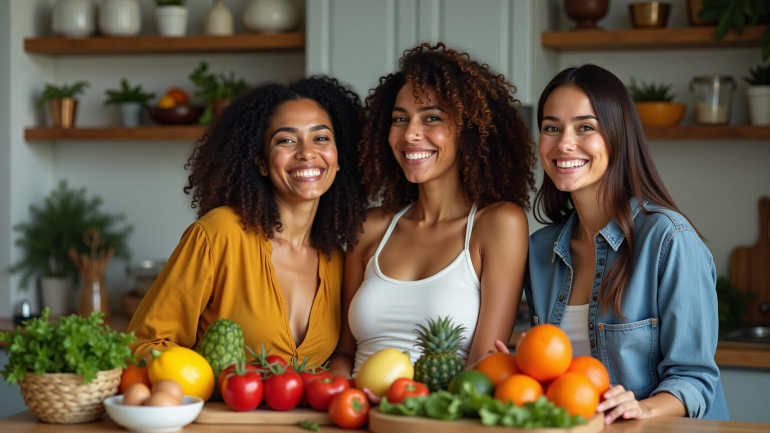 Mulheres brasileiras sorrindo e compartilhando alimentos saudáveis para reduzir a ansiedade.