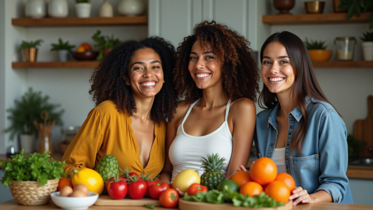 Mulheres brasileiras sorrindo e compartilhando alimentos saudáveis para reduzir a ansiedade.
