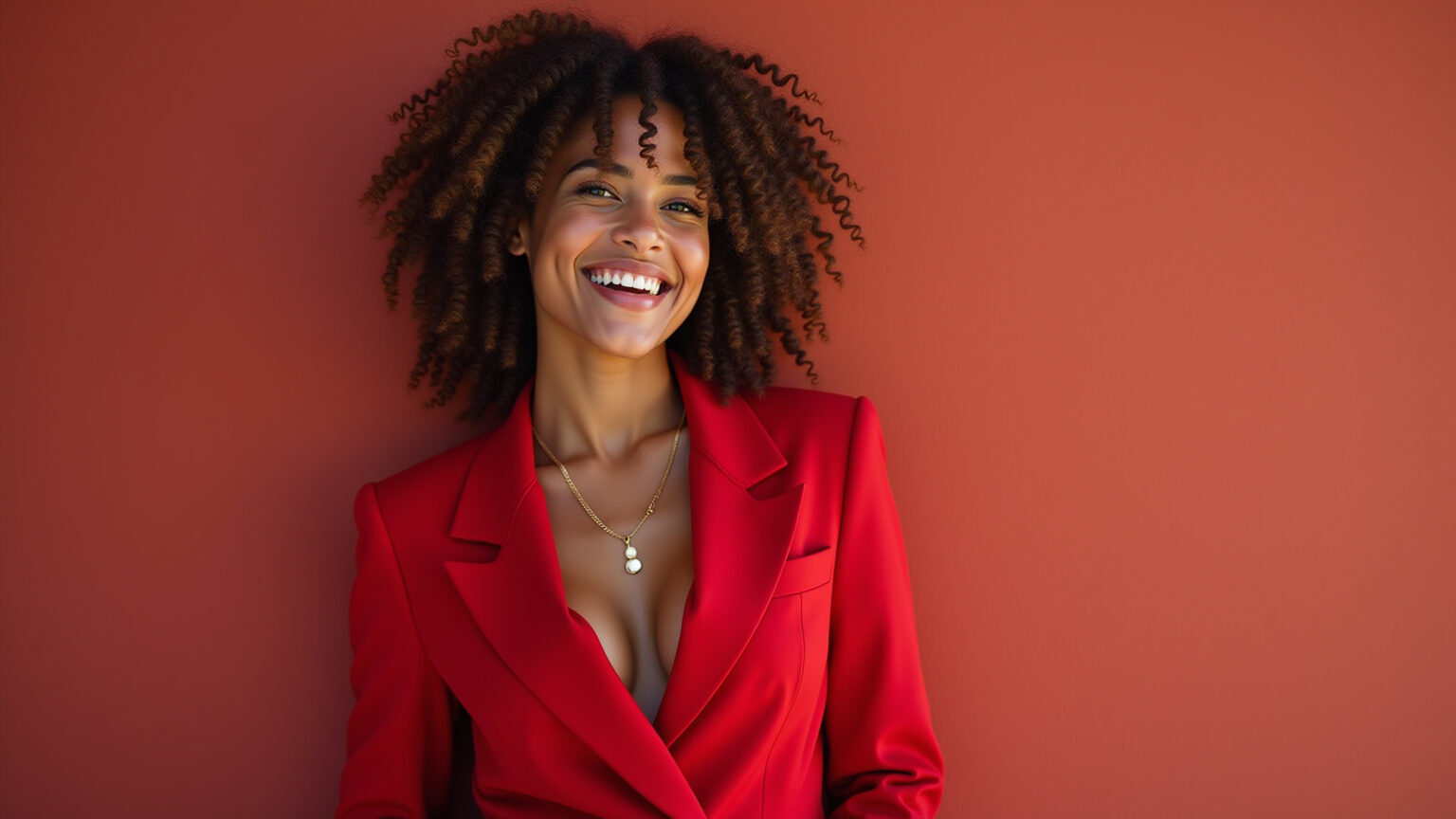 Mulher sorrindo vestindo look monocromático vermelho vibrante.