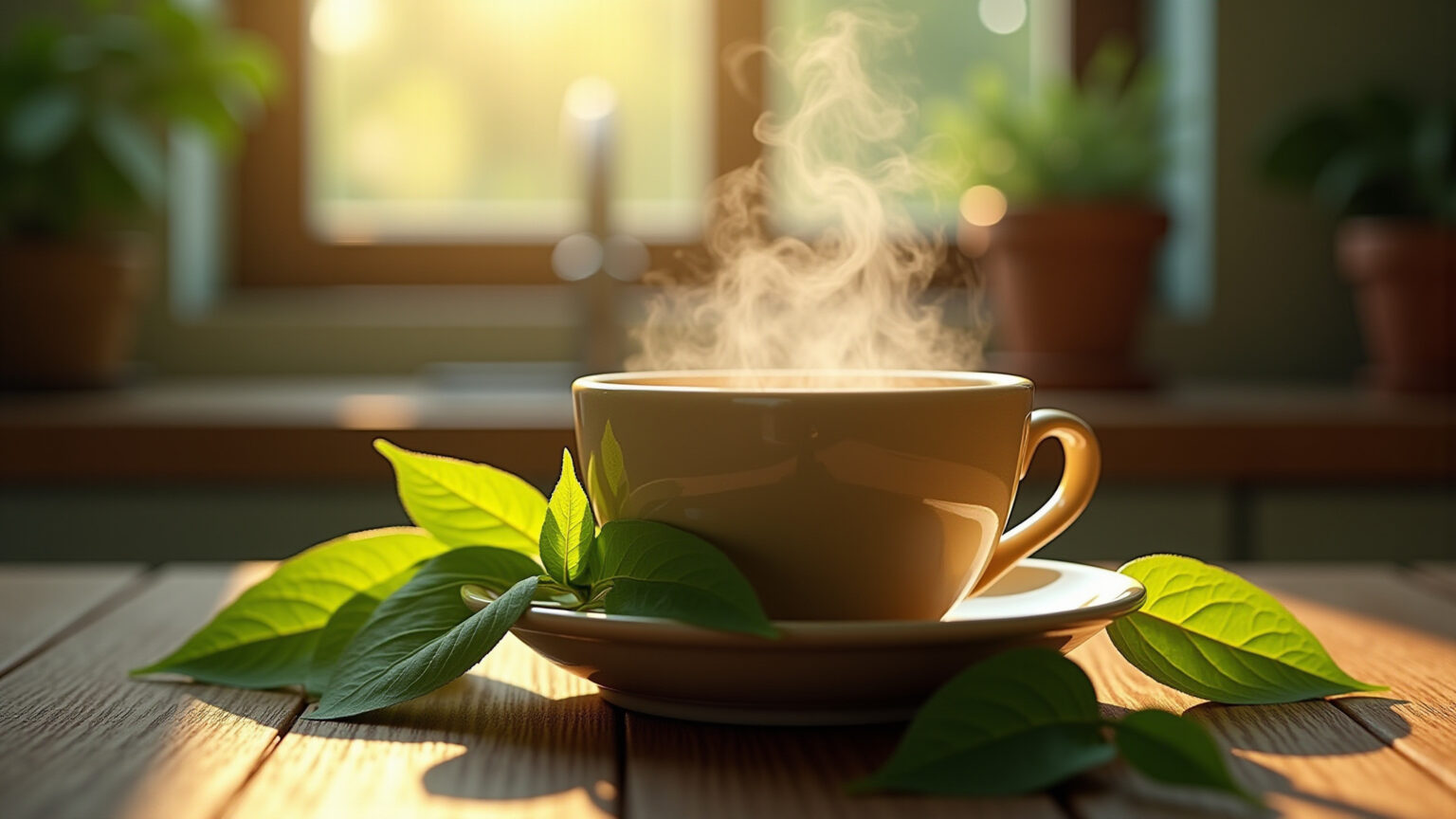 Xícara fumegante de chá de folha de graviola.