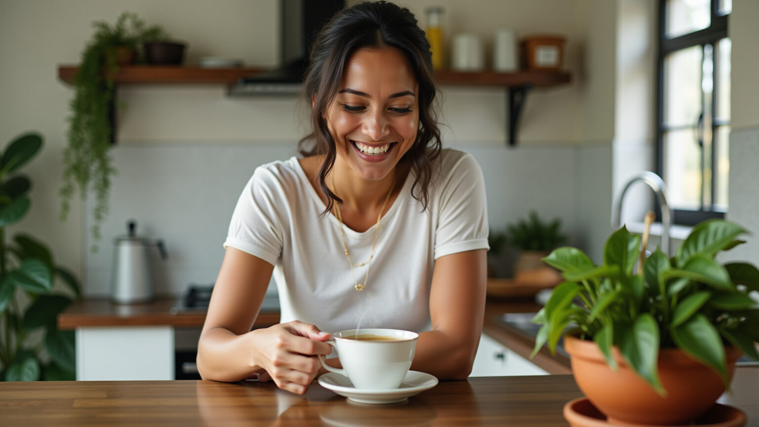 Mulher sorrindo preparando chá de folha de goiaba em cozinha vibrante.
