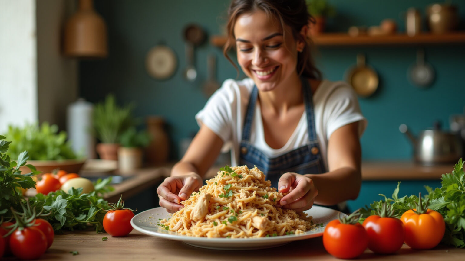 Mulher sorrindo prepara receita saborosa com galinha picada em cozinha vibrante.