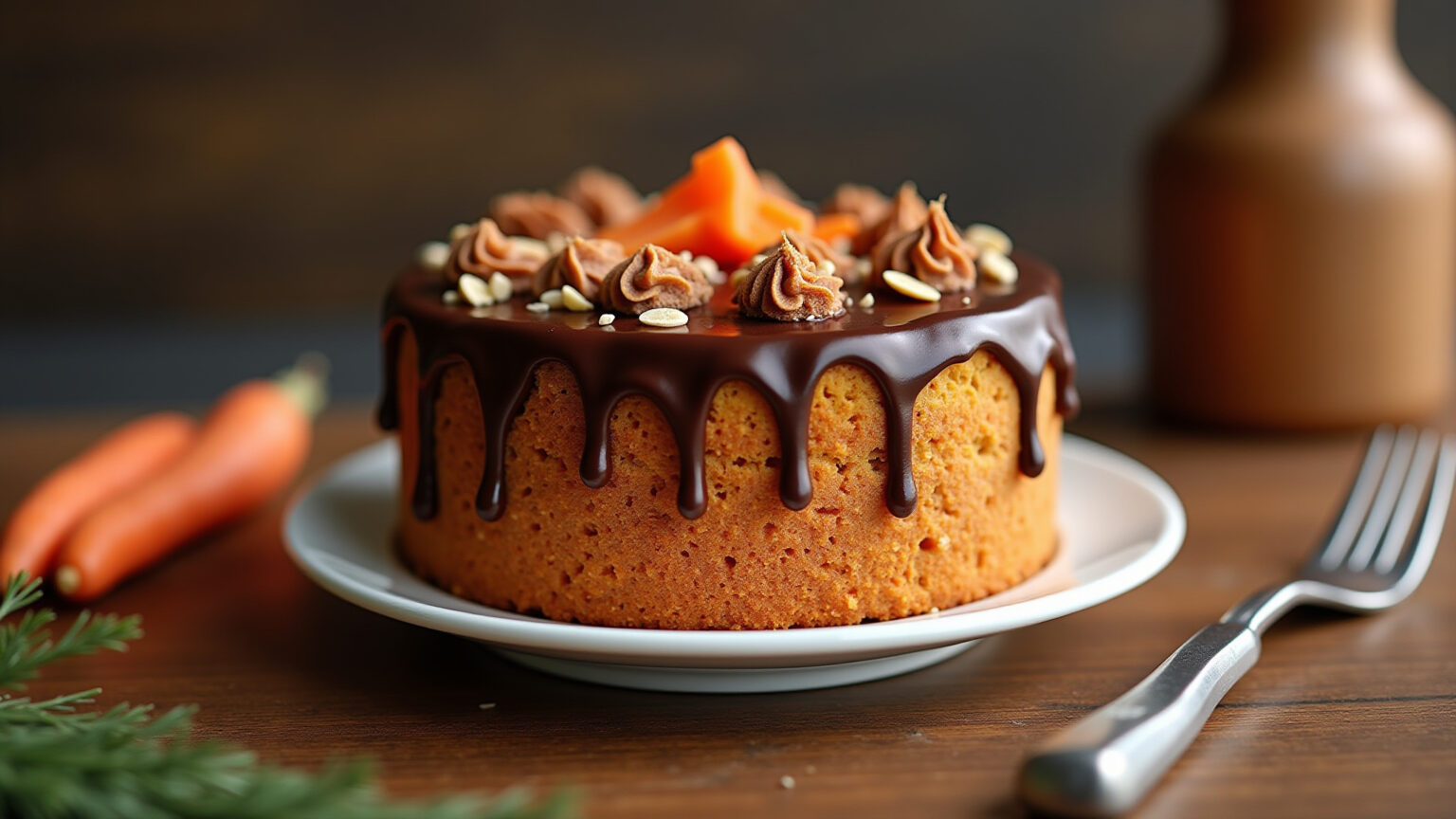 Bolo de cenoura com aveia e cobertura de chocolate.
