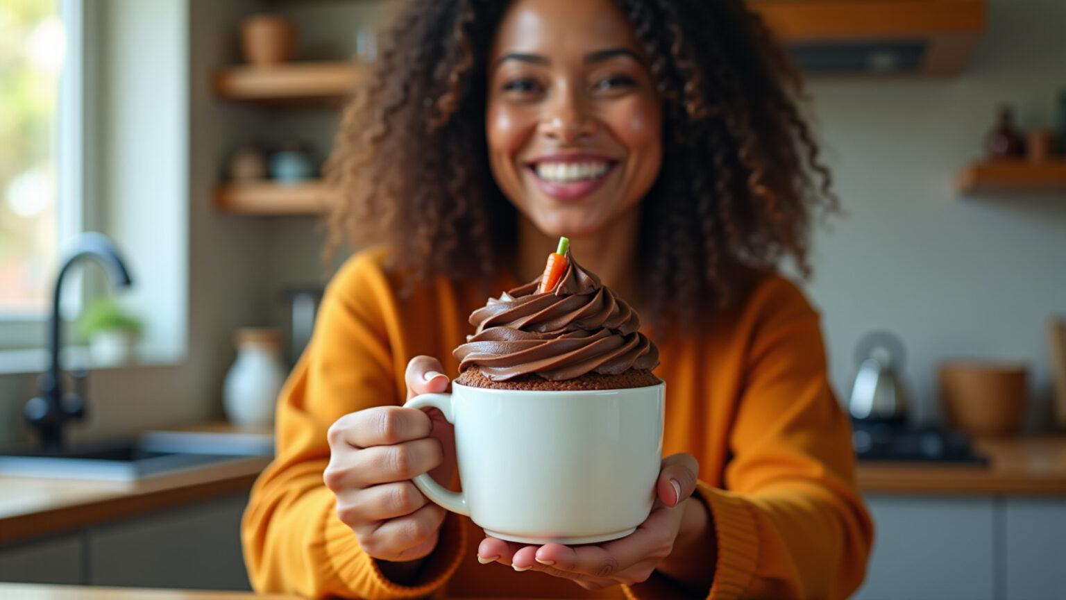 Bolo de cenoura de caneca com cobertura de chocolate.
