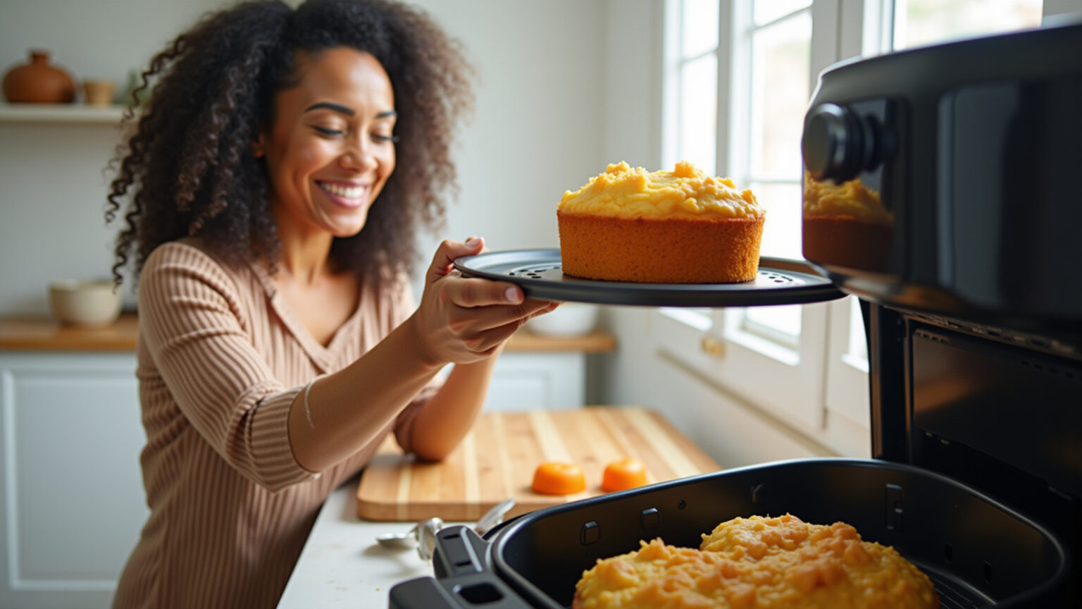 Bolo de cenoura fofinho saindo da airfryer, pronto para o bebê.