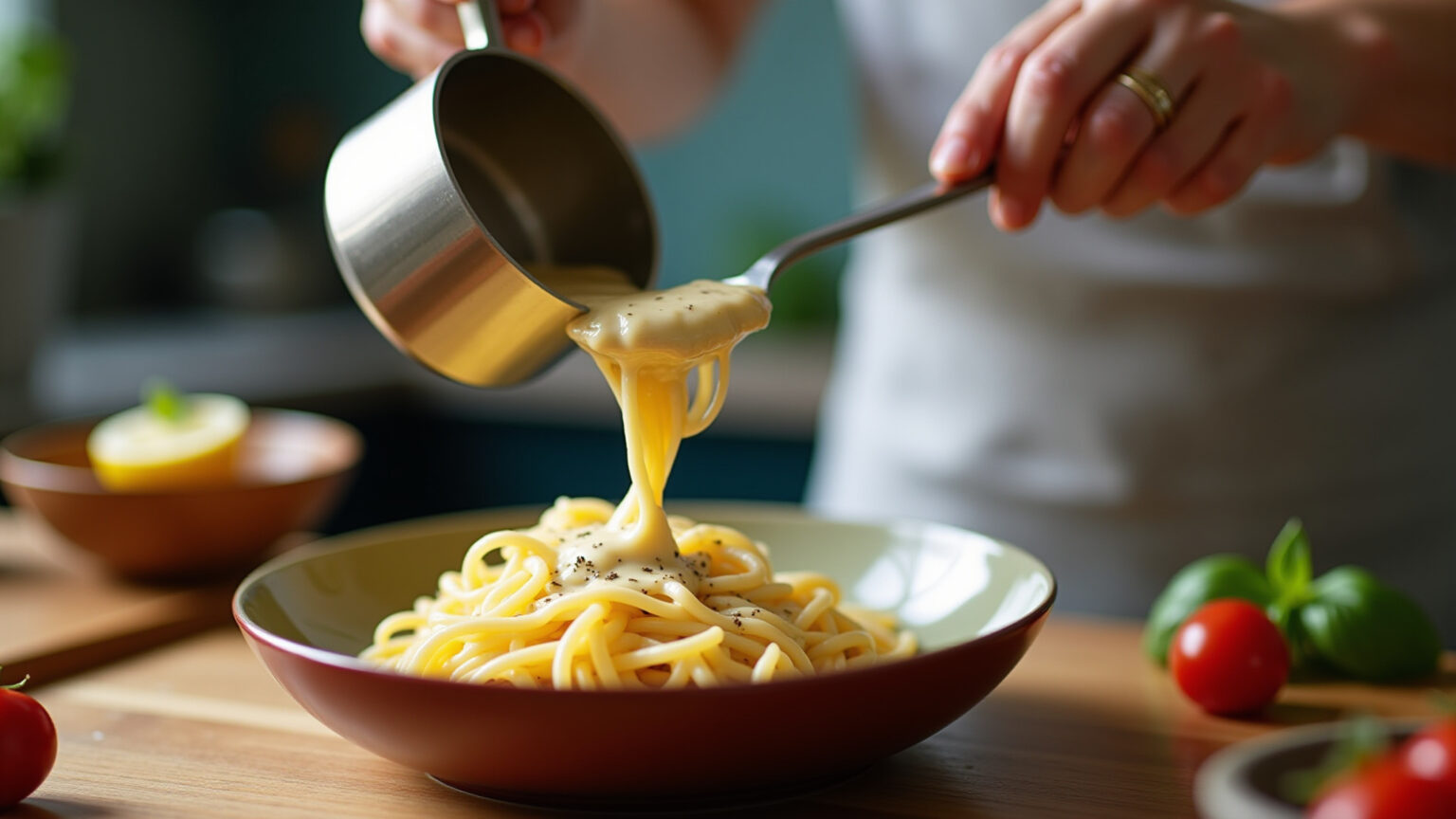 Molho branco cremoso sendo servido sobre massa fresca.
