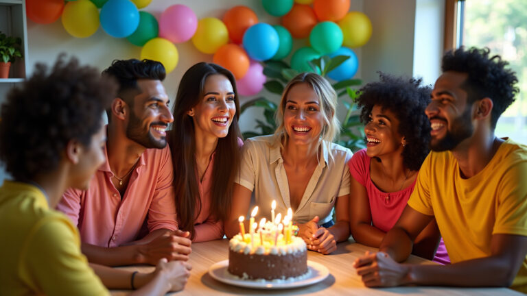 Amigos brasileiros diversos celebram aniversário em casa decorada.