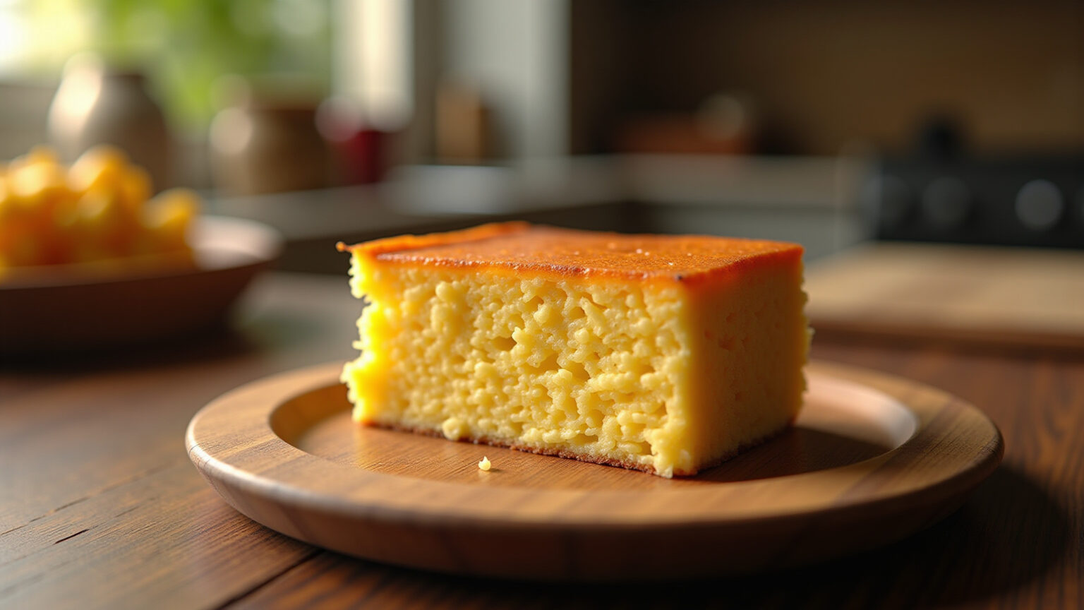 Fatia cremosa de bolo de milho caseiro.