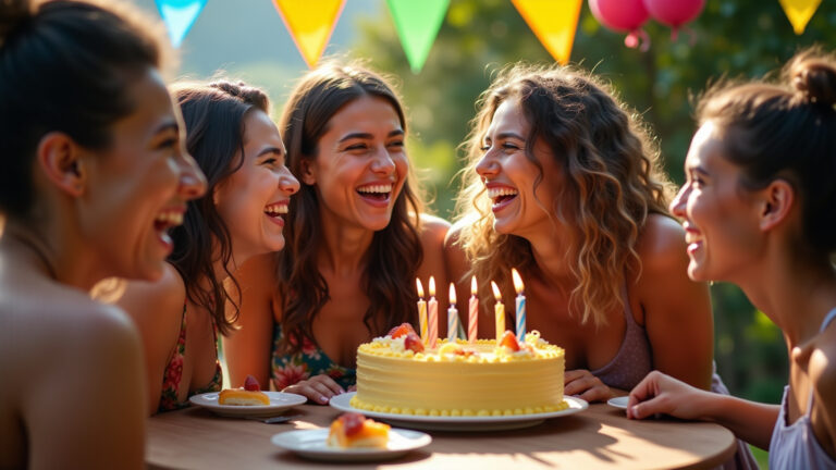 Amigos celebrando aniversário em festa vibrante com decoração colorida.