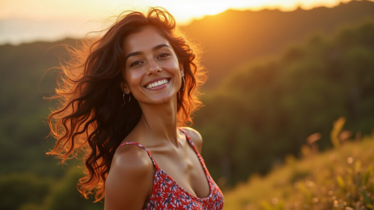 Mulher brasileira sorrindo, celebrando a individualidade com estilo.