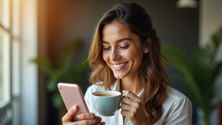 Mulher sorrindo com mensagem de bom dia no celular.