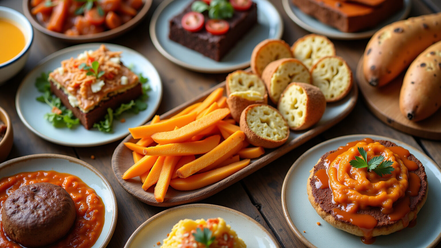 Mesa farta com diversas receitas incríveis de batata doce, do doce ao salgado.